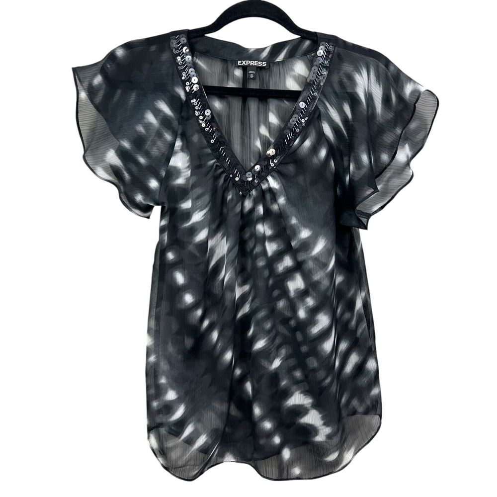 Express Womens Blouse Top Beaded Sequin V Neck Flared Sleeves Black White Sz XS*